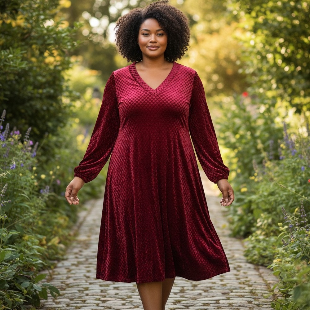 Burgundy Textured Velvet A-Line Dress Womens Red V-Neck Whimsigoth Gothic